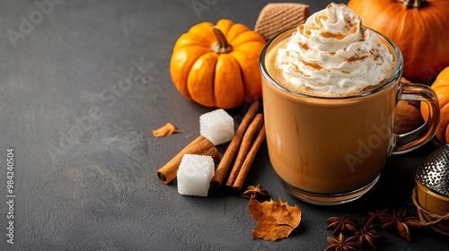 Pumpkin coffee with whipped cream and pumpkin pie spice, surrounded by ingredients like cinnamon sticks, pumpkins, sugar cubes, and a grater for garnishing the drink in a glass mug photo