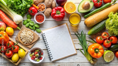 Fresh Healthy Food Balanced Diet Plan on Table with Copy Space