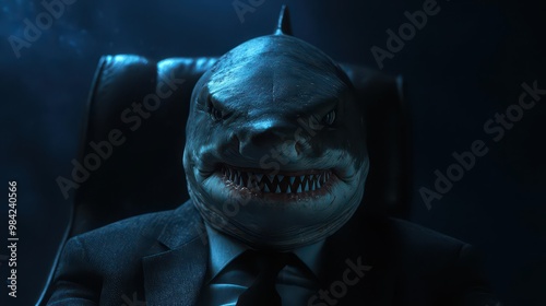 Shark-headed character in suit, white isolate background photo