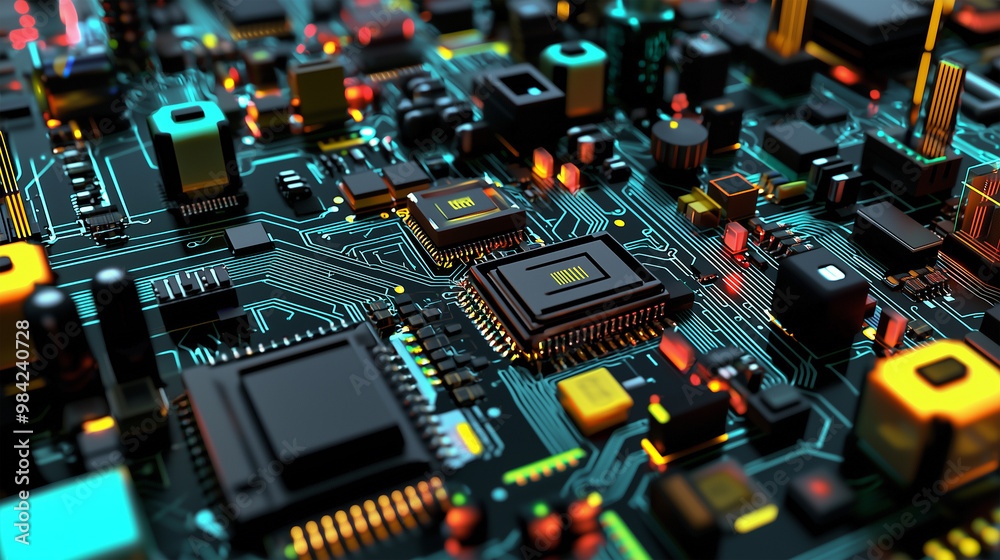 3D Render of a Circuit Board Texture Showcasing Modern Technology Components with Vibrant Colors of Chips and Connectors 3D Render of a Circuit Board Texture Showcasing Modern Technology Components with Vibrant Colors of Chips and Connectors