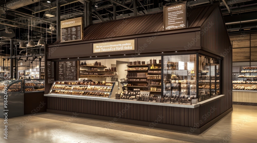 A boutique artisanal chocolate shop with richly textured James Hardie siding, set in a trendy food market, creating an inviting and stylish atmosphere that complements the gourmet offerings