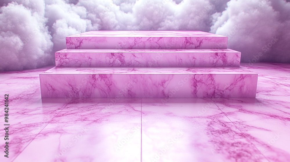 A dreamy pink marble staircase rises amidst fluffy clouds, creating a surreal and whimsical atmosphere for creative projects. A dreamy pink marble staircase rises amidst fluffy clouds, creating a surreal and whimsical atmosphere for creative projects.