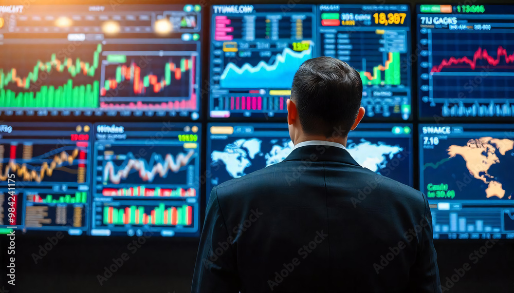 A man in a suit standing in front of multiple large screens displaying various financial data visualizations, stock chat, analysis of data, information on screen A man in a suit standing in front of multiple large screens displaying various financial data visualizations, stock chat, analysis of data, information on screen