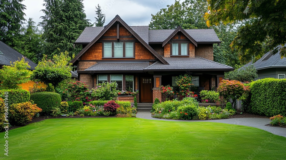 A charming two-story house with a manicured lawn and lush landscaping A charming two-story house with a manicured lawn and lush landscaping