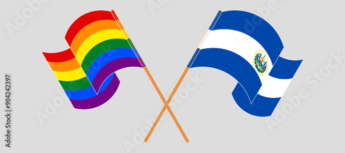 Crossed and waving flags of LGBTQ and Republic of El Salvador. Vector illustration
