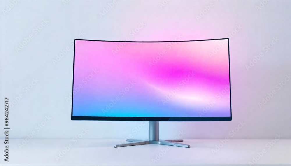 A modern, curved computer monitor with a vibrant gradient display in shades of pink, purple, and blue against a plain background A modern, curved computer monitor with a vibrant gradient display in shades of pink, purple, and blue against a plain background