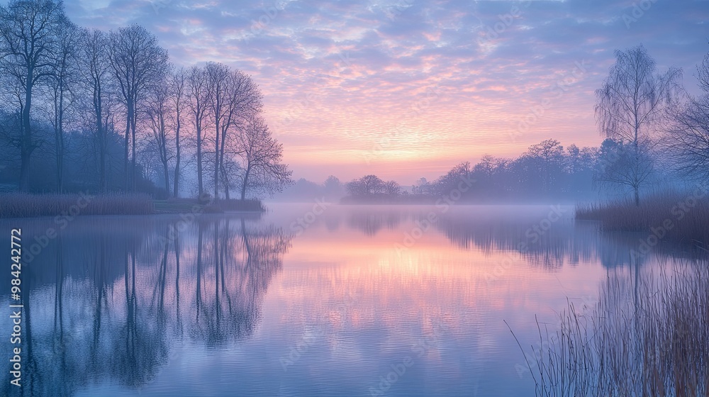 Fototapeta premium Misty Sunrise Over a Tranquil Lake with Silhouetted Trees