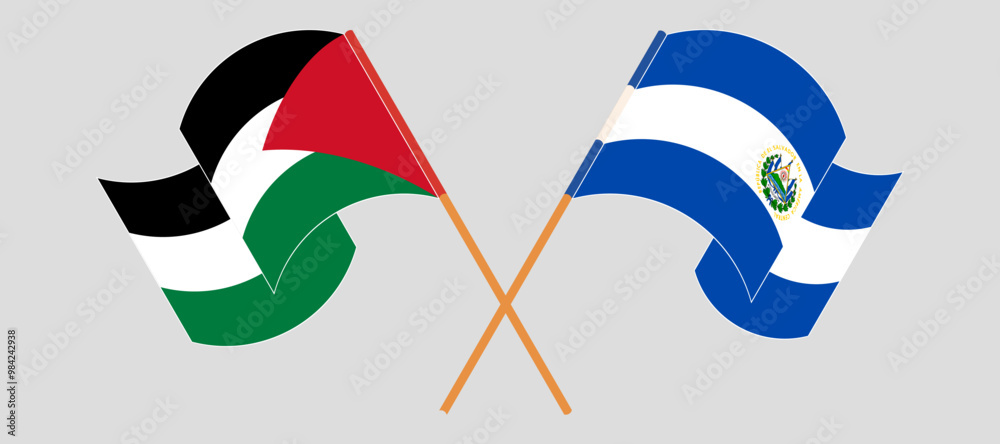 Crossed and waving flags of Palestine and Republic of El Salvador. Vector illustration Crossed and waving flags of Palestine and Republic of El Salvador. Vector illustration