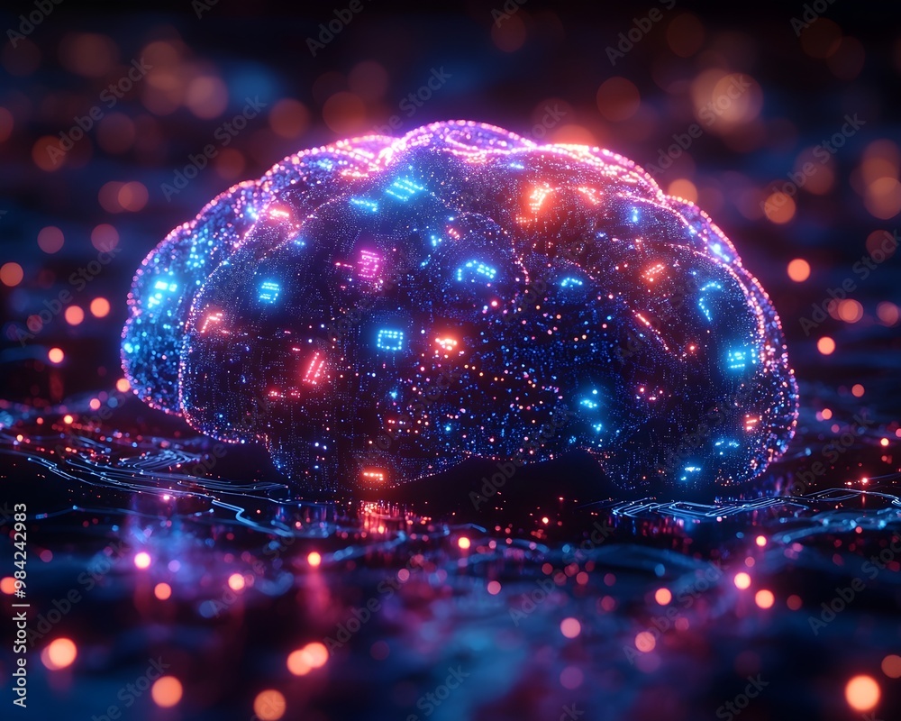 a glowing, three-dimensional brain made of neon circuit patterns ...