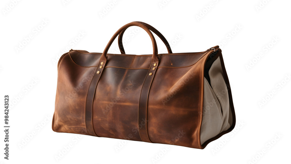 Rustic Leather Weekend Bag Ready for Adventure on a Crisp White Background. Rustic Leather Weekend Bag Ready for Adventure on a Crisp White Background.