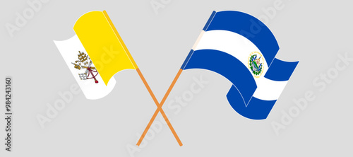 Crossed and waving flags of Vatican and Republic of El Salvador. Vector illustration