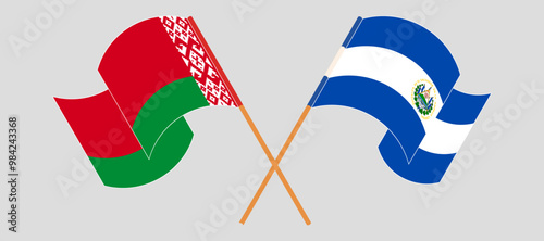Crossed and waving flags of Belarus and Republic of El Salvador. Vector illustration