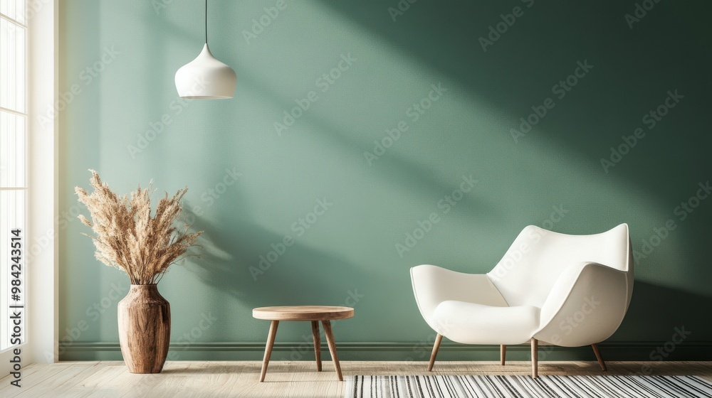 A modern, serene space with a soft green accent wall and white armchair. The minimalist room A modern, serene space with a soft green accent wall and white armchair. The minimalist room