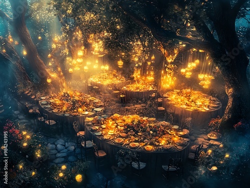 Aerial perspective of a fantastical feast, imaginative food creations, magical ambiance, glowing elements, dreamlike setting photo