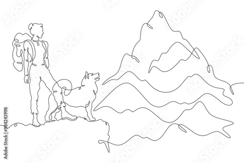 Continuous one line drawing woman with dog in nature. Tourist with backpack looks at high mountains. Traveler with dog on the way. Mountain landscape. One continuous line isolated minimal illustration