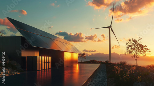 Photo realistic 3D Rendering of Solar Panels, Modular Battery System, and Wind Turbine in Warm Dawn Light