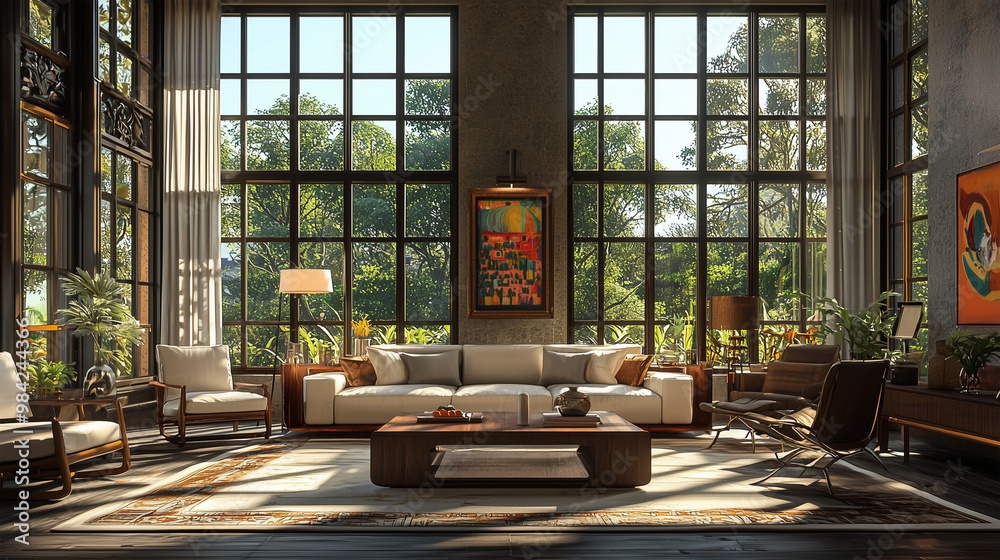 Photo realistic 3D Render of an Elegant Luxury Living Room with Plush Furniture and Natural Light
