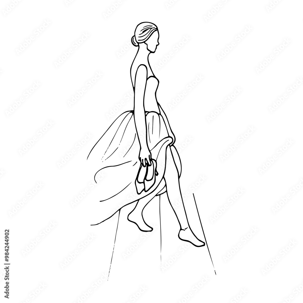 barefoot woman walking down stairs with shoes in hand in bustier dress with lush raised hem - hand drawn doodle barefoot woman walking down stairs with shoes in hand in bustier dress with lush raised hem - hand drawn doodle