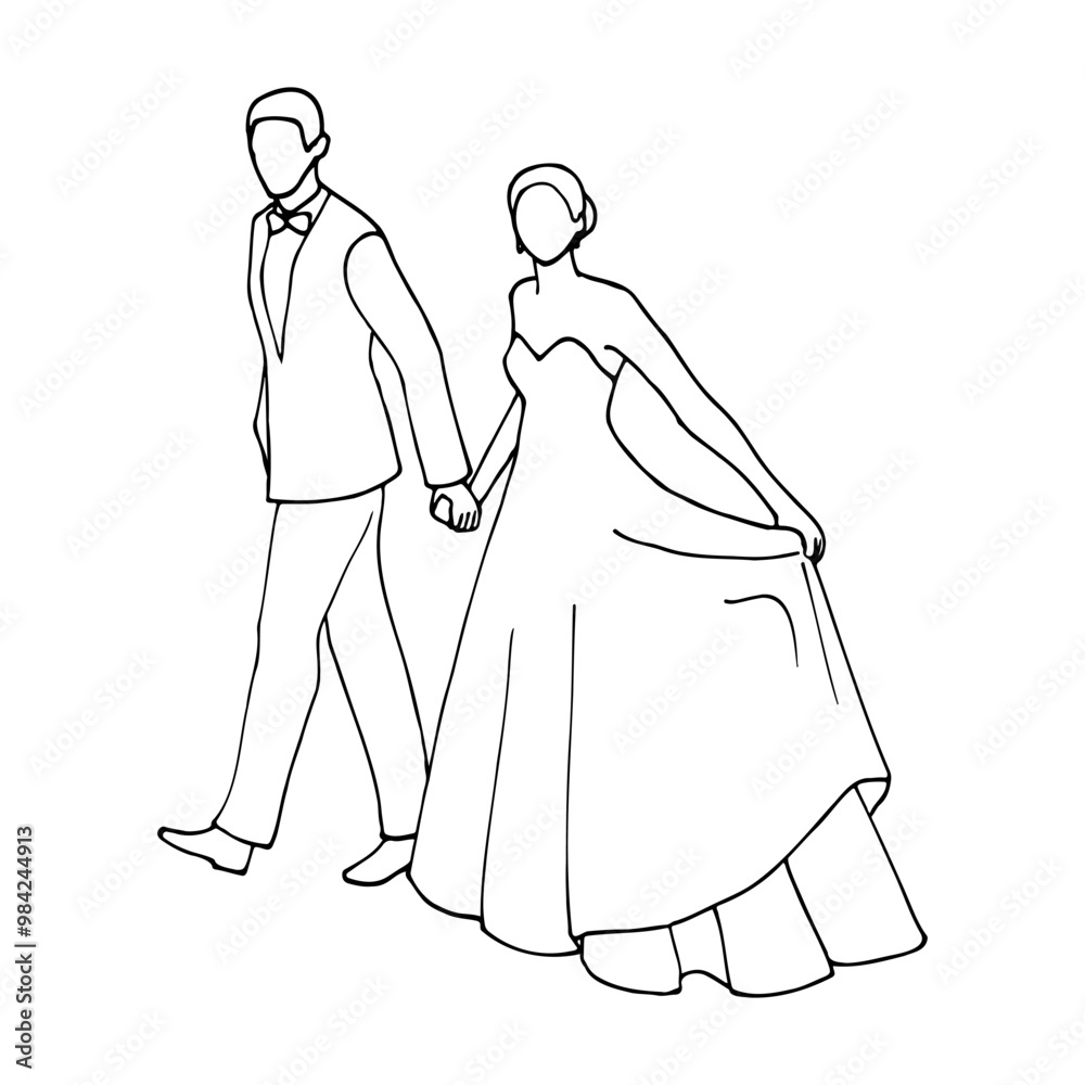 man and woman walking hand in hand together - hand drawn doodle. formally dressed heterosexual couple man and woman walking hand in hand together - hand drawn doodle. formally dressed heterosexual couple