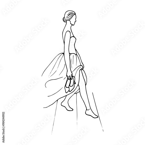 barefoot woman walking down stairs with shoes in hand in bustier dress with lush raised hem - hand drawn doodle