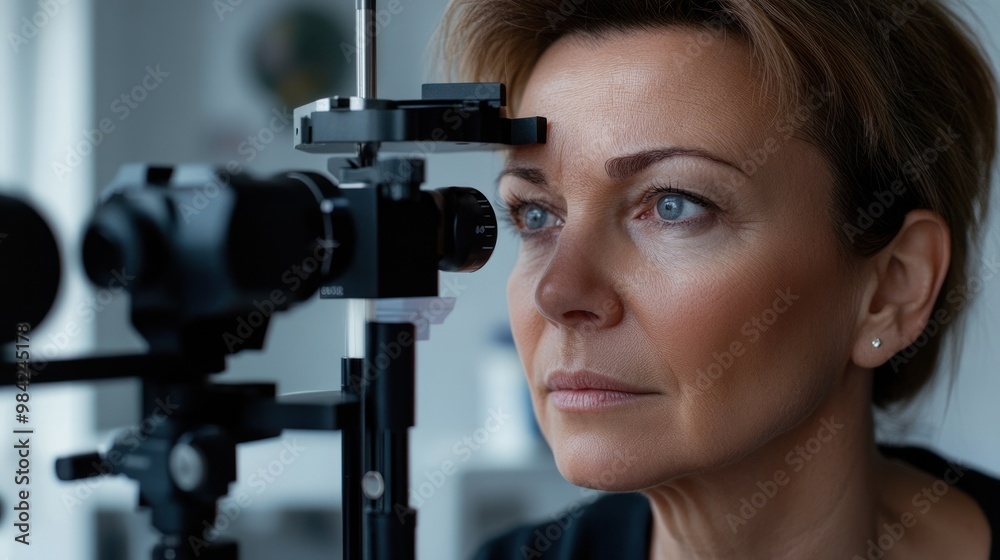 Focused woman ready for her eye health examination Focused woman ready for her eye health examination
