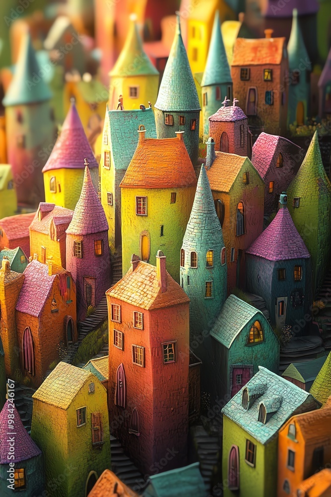 Naklejka premium Birds-eye view of a whimsical village, vibrant colors, minimalist design, blending fantasy with everyday life
