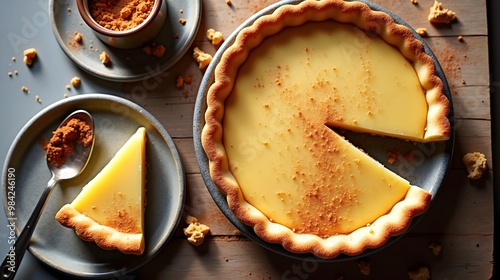 South African milk tart (melktert) with cinnamon dusting and a slice served on plate photo