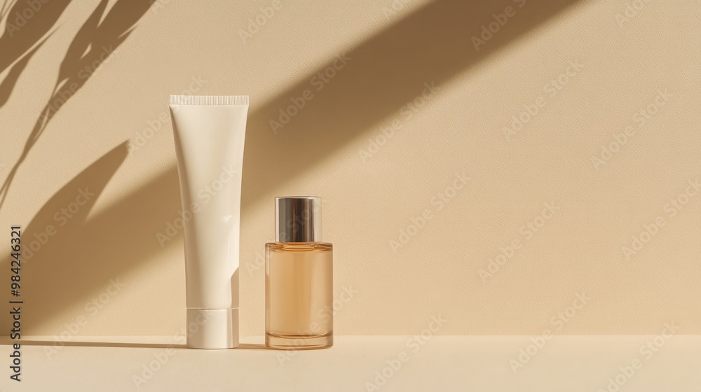 lotion serum bottle moisturizer in tall white tube, beige background, product presentation, copy and text space, 16:9 lotion serum bottle moisturizer in tall white tube, beige background, product presentation, copy and text space, 16:9