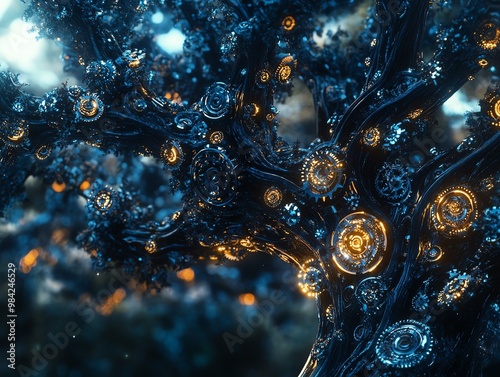 Close-up shot of a fantastical tree fused with mechanical gears, glowing lights weave through the branches, nature meets technology photo