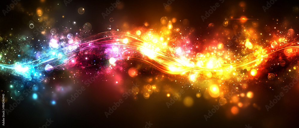 A vibrant wave of colorful lights and sparkles creating a magical, enchanting effect against a dark background. A vibrant wave of colorful lights and sparkles creating a magical, enchanting effect against a dark background.