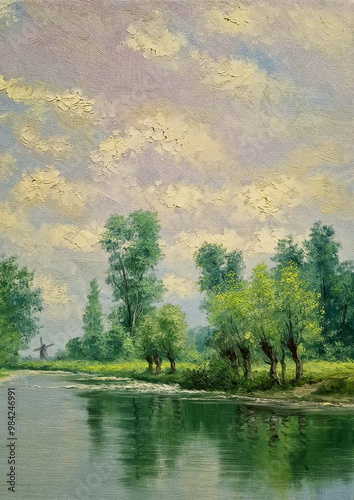 Oil paintings landscape, river in the forest, landscape with river