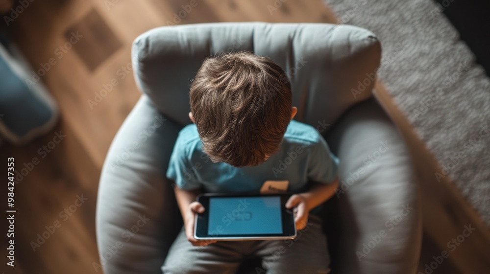 Boy in blue shirt using tablet on gray chair at home. Boy in blue shirt using tablet on gray chair at home.