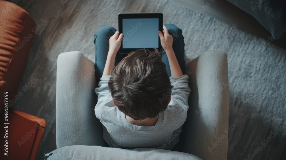 Boy using a tablet while sitting in a grey chair Boy using a tablet while sitting in a grey chair