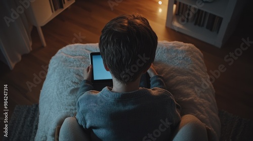 Kid in gray pajamas accessing tablet in cozy fluffy chair.