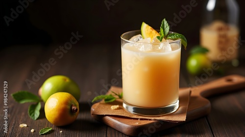 Glass of Amarula cream liqueur with ice garnished with fresh fruit and mint leaves on a wooden board photo