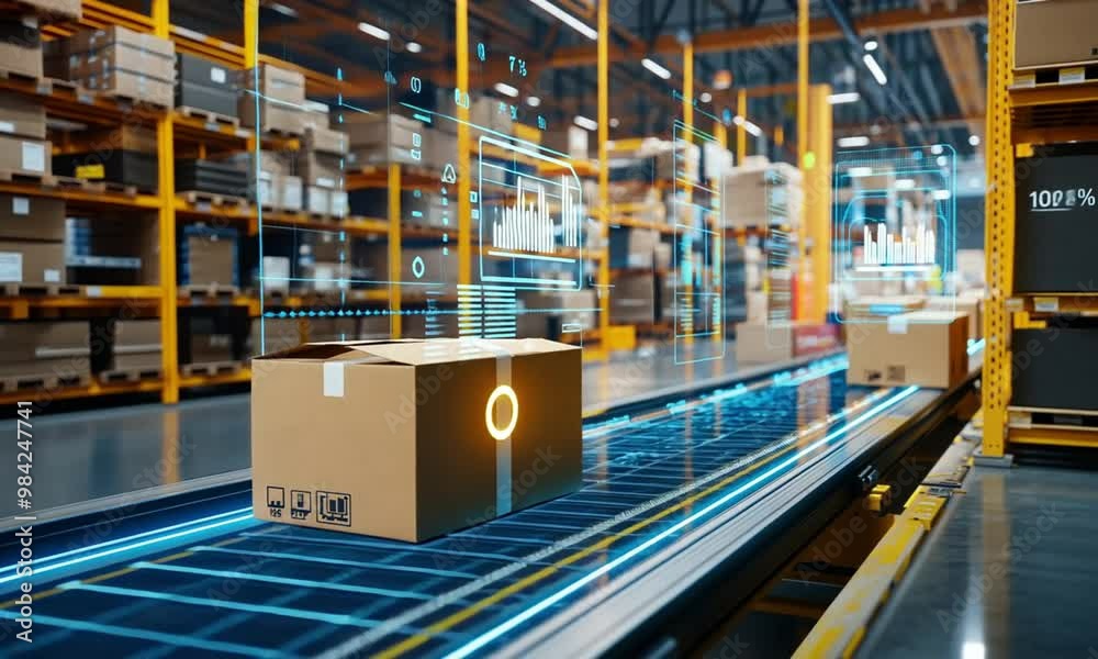 A digitalized warehouse scene with packages on a conveyor belt and virtual data overlays.