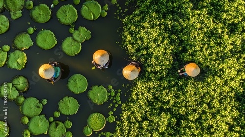View from above of rural women collecting water lilies in Moc Hoa district, Long An province, Mekong Delta. Here, water lilies are a typical cuisine. Concept of travel and landscape
