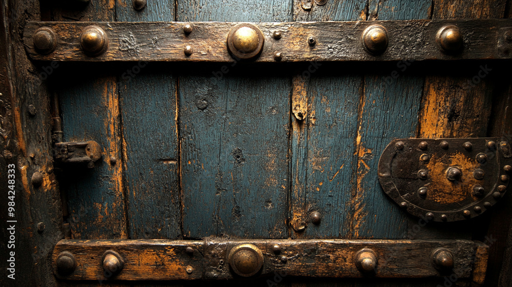 An aged wooden door with intricate metal fixtures and a rich blue hue, showcasing rustic charm and timeless craftsmanship. An aged wooden door with intricate metal fixtures and a rich blue hue, showcasing rustic charm and timeless craftsmanship.