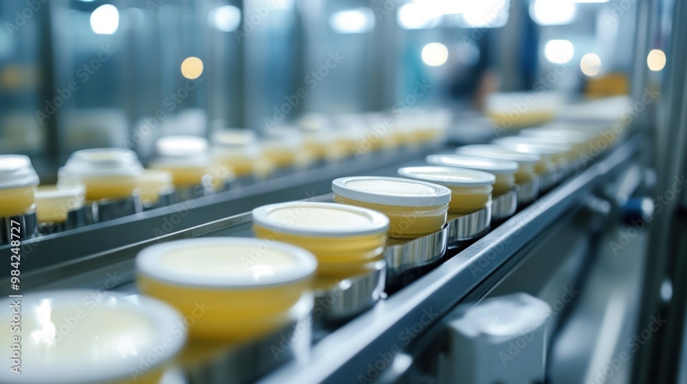 Fototapeta premium Containers with yellow cream on a production conveyor belt.