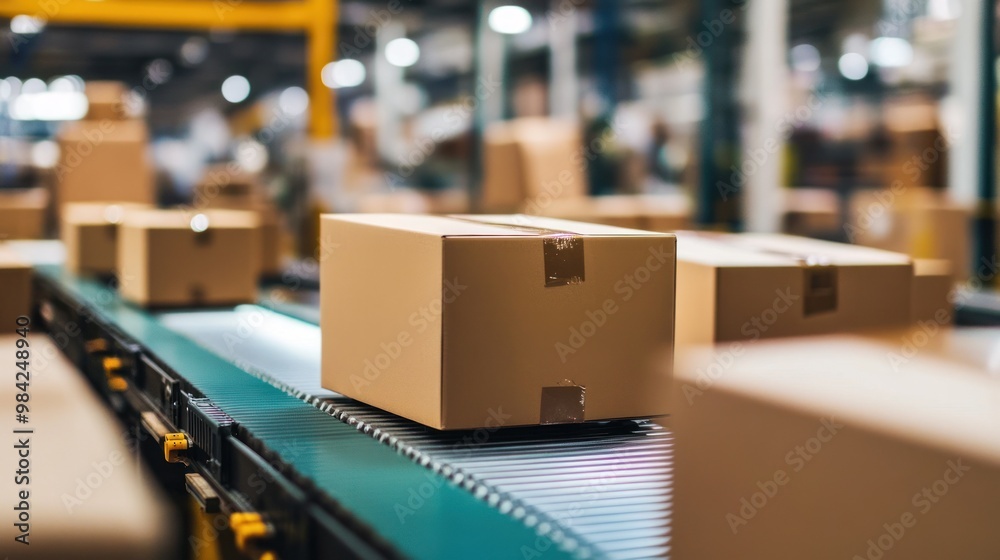 Packaged boxes on a conveyor belt in distribution center. Packaged boxes on a conveyor belt in distribution center.