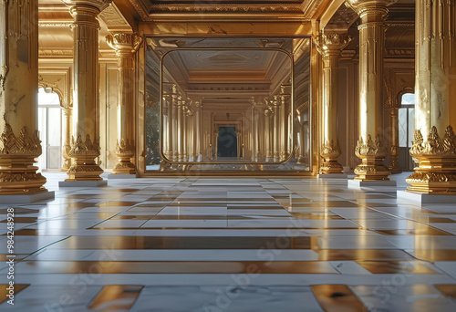 Rectangular mirror inside golden palace, palace with large rectangular mirror in center, close-up inside golden palace