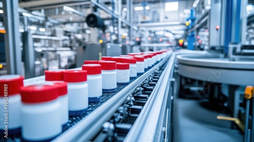 White and red plastic jars on factory conveyor system