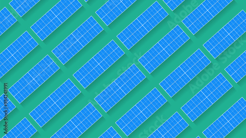 Top view of solar panels installed on a green surface, forming a geometric pattern