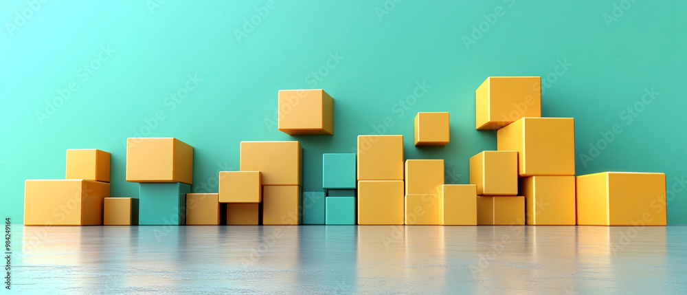 Colorful arrangement of yellow boxes against a vibrant turquoise wall, showcasing modern design and creative storage solutions. Colorful arrangement of yellow boxes against a vibrant turquoise wall, showcasing modern design and creative storage solutions.