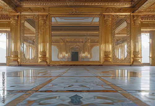 Rectangular mirror inside golden palace, palace with large rectangular mirror in center, close-up inside golden palace