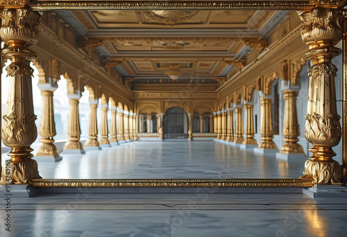 Rectangular mirror inside golden palace, palace with large rectangular mirror in center, close-up inside golden palace