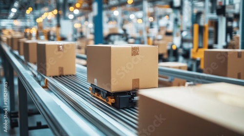 Brown cardboard boxes on a conveyor in a large warehouse.