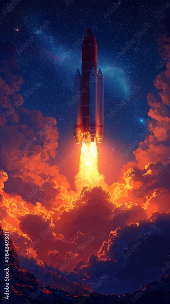 Illustration of a Rocket Launching into Space, Illuminating Blue Clouds with Bright Fiery Orange Light, Perfect for Mobile Phone Wallpapers Illustration of a Rocket Launching into Space, Illuminating Blue Clouds with Bright Fiery Orange Light, Perfect for Mobile Phone Wallpapers