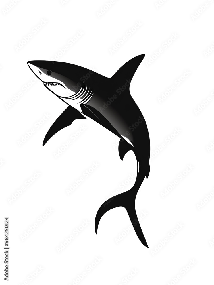 Fototapeta premium Black shark silhouette, white isolate background
