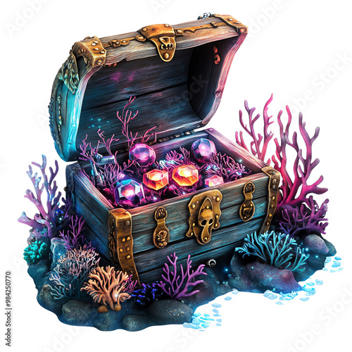 Treasure chest with jewels, white isolate background